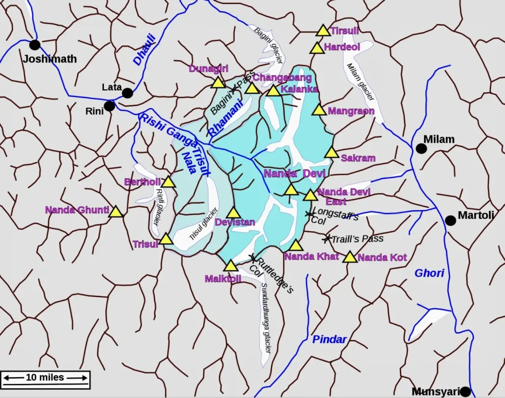 A detailed map highlighting the Nanda Devi region, showing various peaks like Nanda Devi, Nanda Devi East, and surrounding glaciers and passes, with a scale indicating 10 miles