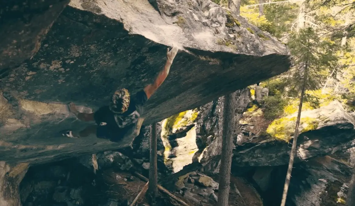 A rock climber is ascending a steep, overhanging rock face in a forested area. The climber, wearing a helmet and climbing gear, grips the rock with both hands and feet. The surrounding environment features tall trees and a rugged landscape with sunlight filtering through the canopy.
