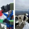 A person in a blue jacket and gloves holds a flag with green, white, and red vertical stripes featuring a coat of arms, standing on a snowy mountain peak with a dog nearby, surrounded by a vast mountainous landscape under a cloudy sky.