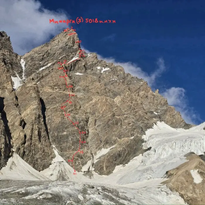 A rugged mountain peak labeled "Мишрин (3) 5018 м/н.ч.м" with a red-marked climbing route tracing its steep rocky face, surrounded by snow and glaciers. The sky is clear with some clouds, highlighting the challenging terrain and elevation.