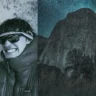 A split image featuring two distinct scenes. On the left, a person wearing a dark Patagonia jacket and sunglasses smiles confidently with a snowy mountain backdrop. On the right, a starry night sky illuminates a rugged rock formation surrounded by trees and tall grass.