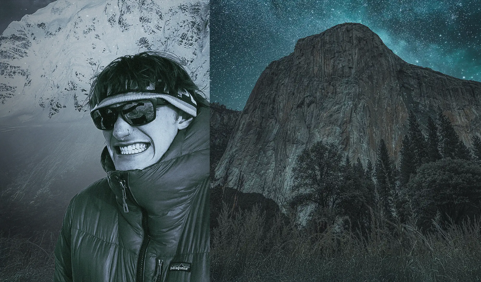 A split image featuring two distinct scenes. On the left, a person wearing a dark Patagonia jacket and sunglasses smiles confidently with a snowy mountain backdrop. On the right, a starry night sky illuminates a rugged rock formation surrounded by trees and tall grass.