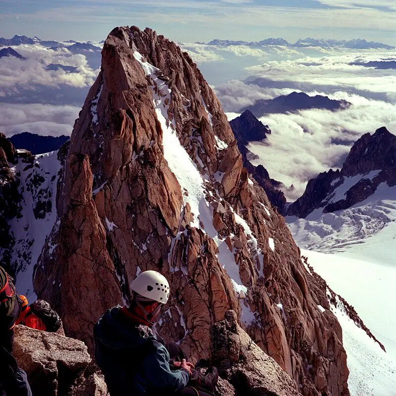 Two climbers in helmets and mountaineering gear pause on a rocky ridge, gazing up at a steep, jagged alpine peak piercing through clouds. Snow dusts the rugged granite face, with distant mountain summits visible above a sea of clouds under a clear blue sky.