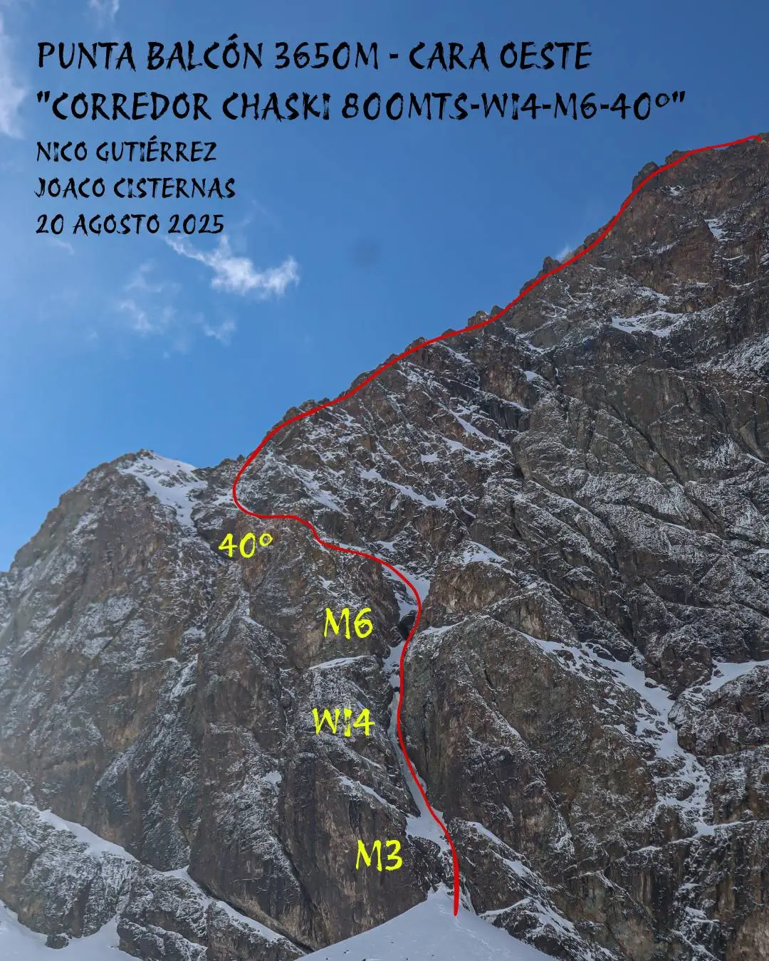 : A route map for "Rekül Mapu" on Punta Chey (3900m), marked with a red line indicating a 400mts M4 R 60° climb. The map includes sections labeled M2, M3, M4, and angles of 60° and 50°, credited to Nico Gutiérrez and Joaco Cisternas, dated 8 Sept 2025.