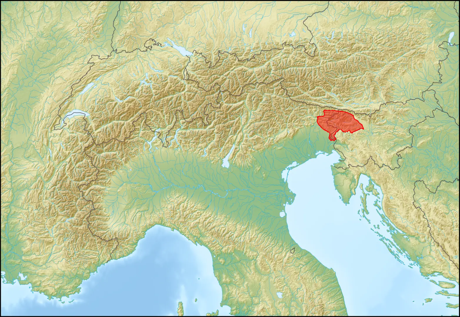 : A topographic map of the Alps region with the country of Slovenia highlighted in red, showing its position between Austria, Italy, Hungary, and Croatia.