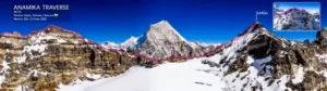 Panoramic view of the Anamika Traverse in the Garhwal Himalaya, marked by a pink line tracing the ridge route. The image highlights the AD 4c traverse completed by Pranavka Cirque on October 20th, 2020. A prominent snow-covered peak stands in the center, with an inset photo showing a closer view of the summit at 5,440 meters. The landscape features rugged, snow-dusted mountains under a clear blue sky.