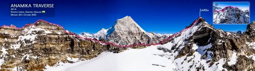 Panoramic view of the Anamika Traverse in the Garhwal Himalaya, marked by a pink line tracing the ridge route. The image highlights the AD 4c traverse completed by Pranavka Cirque on October 20th, 2020. A prominent snow-covered peak stands in the center, with an inset photo showing a closer view of the summit at 5,440 meters. The landscape features rugged, snow-dusted mountains under a clear blue sky.