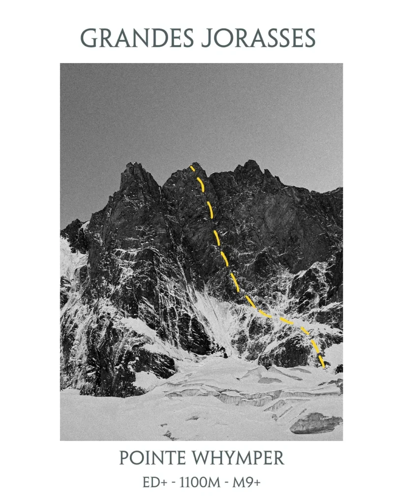 Black and white photograph of the jagged, snow-streaked north face of the Aiguilles de Chamonix with a thin yellow line tracing the Whymper Couloir route on the Grandes Jorasses. The route is labeled “Pointe Whymper, ED+ – 1100m – M9+” and titled “GRANDES JORASSES.”