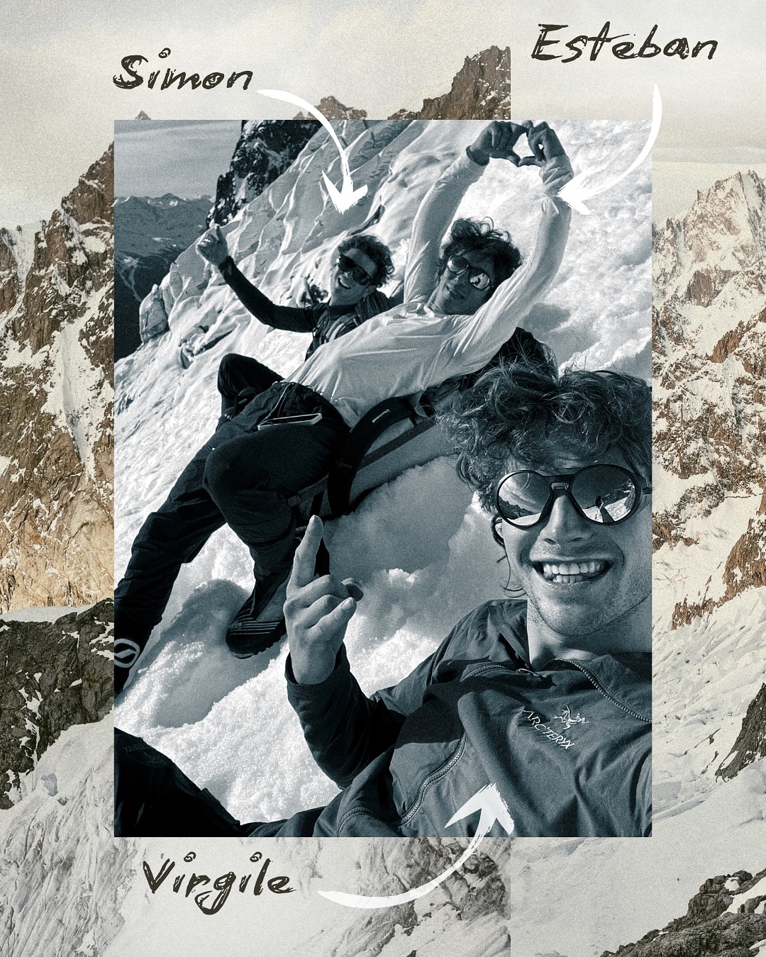 Black and white summit selfie of three smiling climbers celebrating on a narrow, snowy ridge with steep alpine faces dropping away behind them; the background shows the dramatic, icy skyline of the Mont Blanc massif.