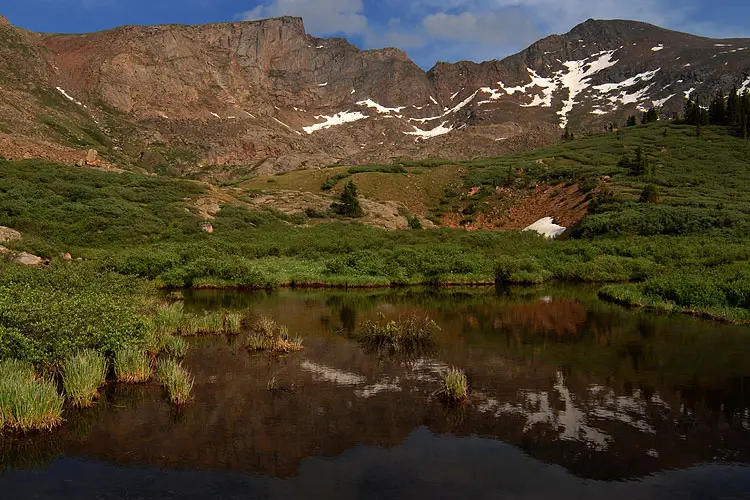 A serene alpine landscape featuring a calm, shallow pond in the foreground with near-perfect reflections of rugged, rocky mountains rising in the background. The mountains have patches of lingering snow on their upper slopes and peaks, while the midground and surrounding areas are covered in lush green tundra vegetation, shrubs, and grasses under a partly cloudy blue sky.